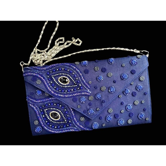 Handbags - Beautiful Blue Fabric Beaded Evening Clutch With Detachable Chain Strap